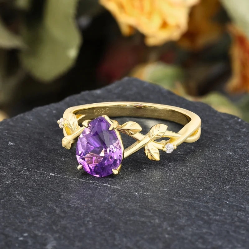 Leaf Branch Amethyst Engagement Ring Pear Shaped