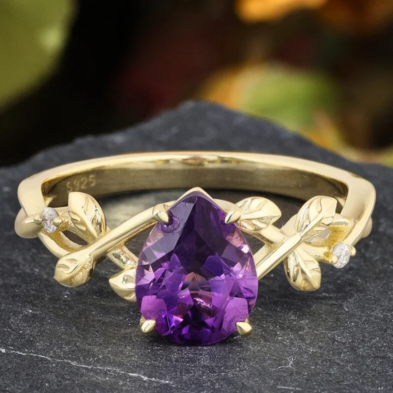 Leaf Branch Amethyst Engagement Ring Pear Shaped