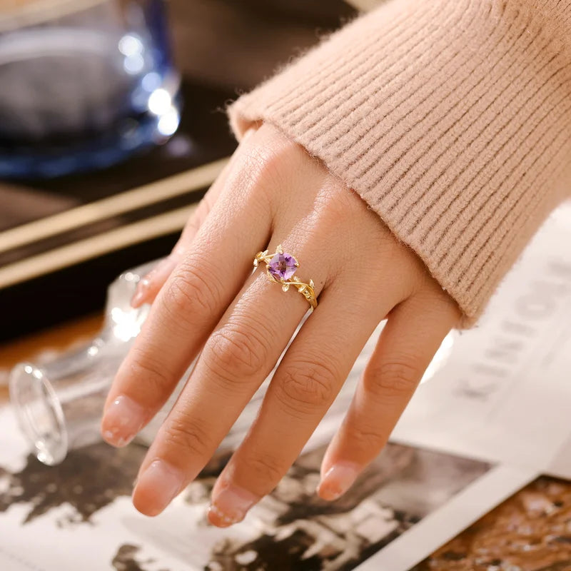 Leaf Branch Natural Amethyst Ring Cushion Shaped