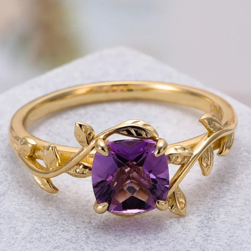 Leaf Branch Natural Amethyst Ring Cushion Shaped