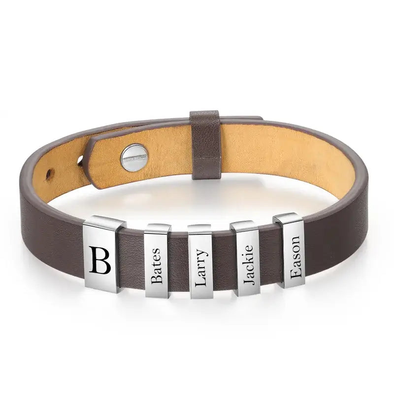 Leather Men's Personalised Bracelet with 2-5 Engraved Name Beads