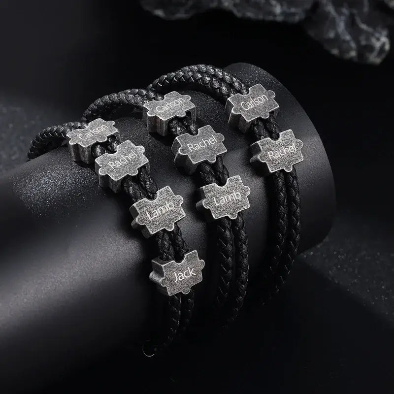 Leather Men's Personalised Bracelet Puzzle Beads | Men's Name Bracelet | Name Engraved Men's Bracelet