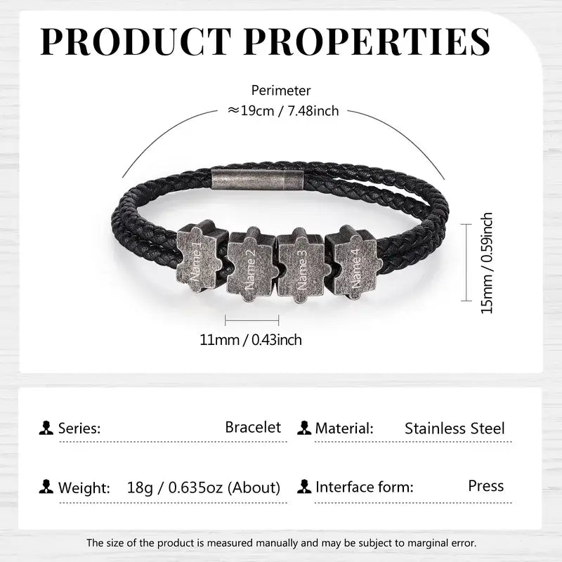 Leather Men's Personalised Bracelet Puzzle Beads | Men's Name Bracelet | Name Engraved Men's Bracelet