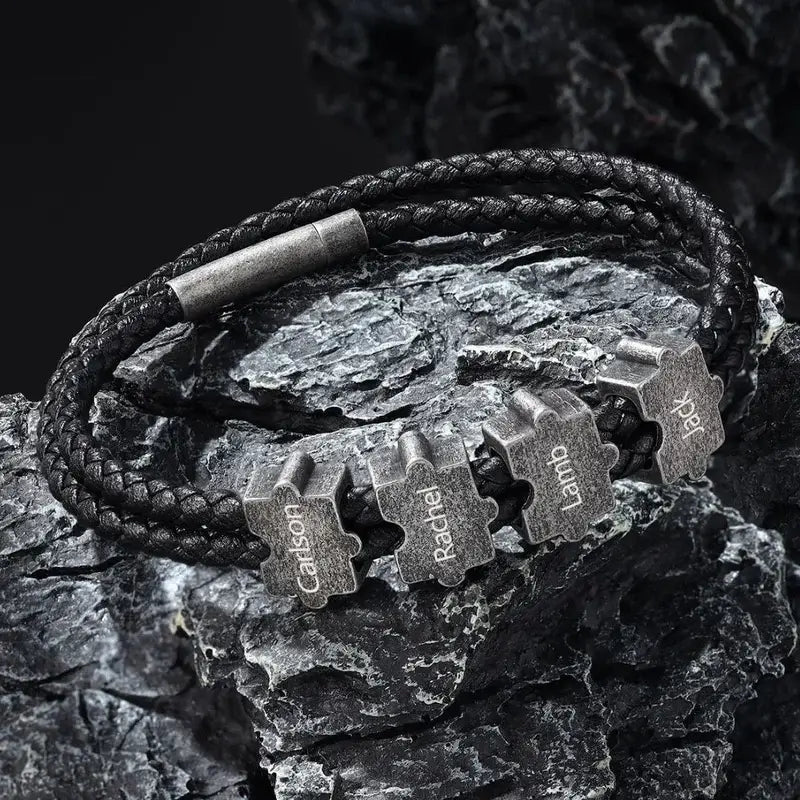 Leather Men's Personalised Bracelet Puzzle Beads | Men's Name Bracelet | Name Engraved Men's Bracelet