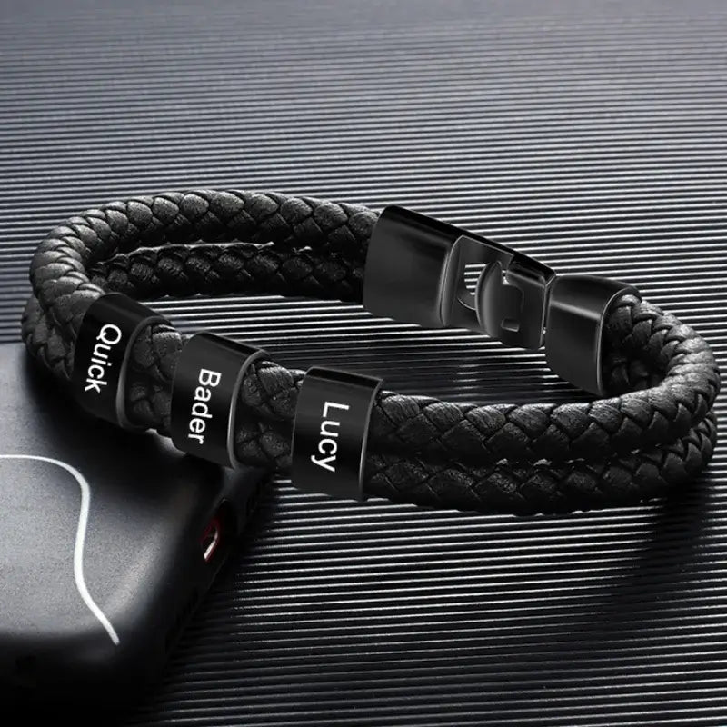 Personalised Men's Bracelet - Leather Engraved Bracelet with 1-8 Black Name Beads