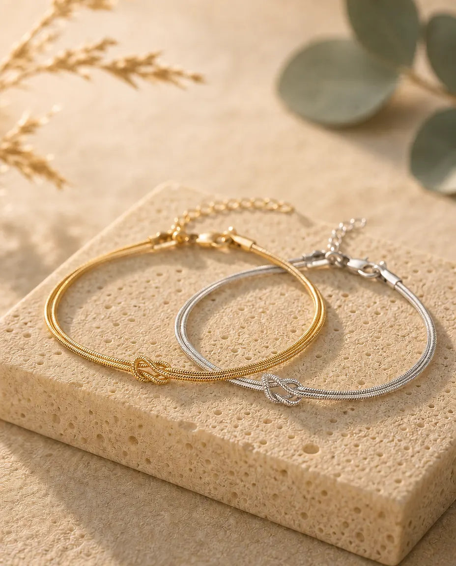 Love knot couple bracelets set of 2 in stainless steel – matching his and hers double snake chain