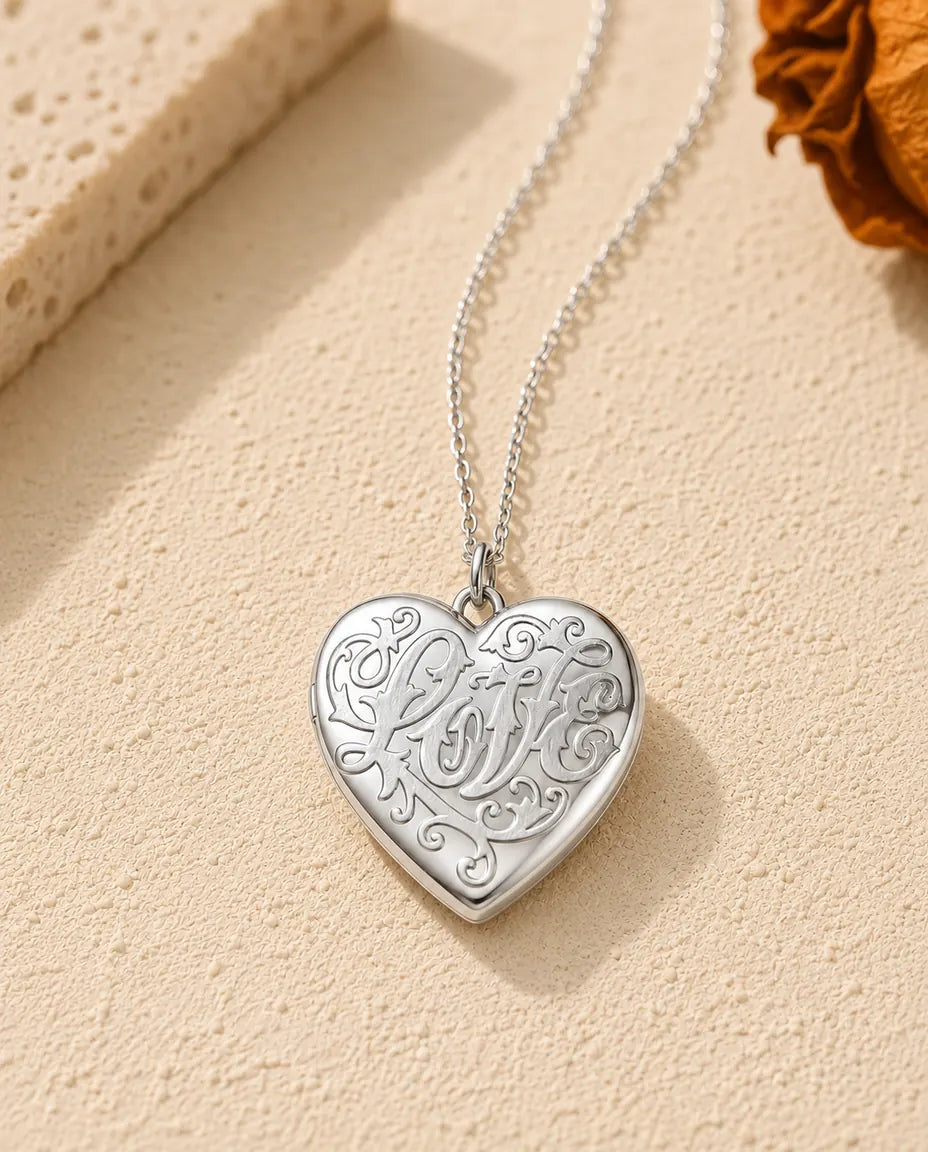 Love script heart photo locket necklace in silver, front view