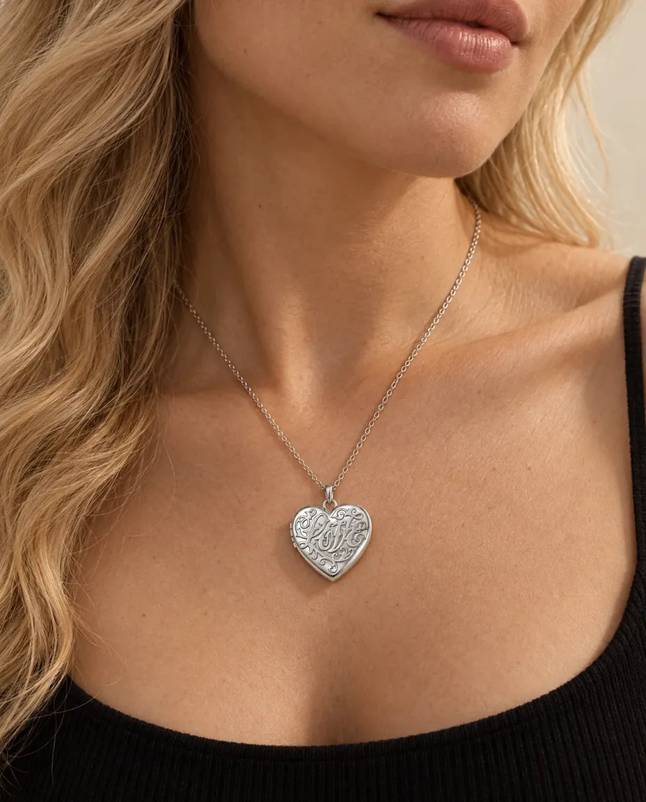 Personalised Photo Locket Necklace That Holds 2 Pictures - Love Script Heart Locket With Mother of Pearl Back worn on a model