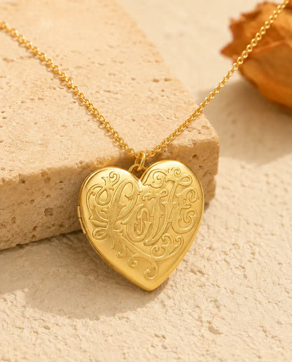 Love script heart photo locket necklace in gold tone