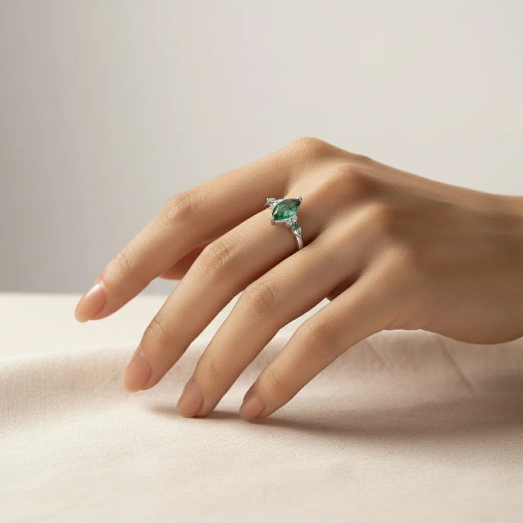 Marquise Cut Moss Agate Ring 925 Sterling Silver in White Gold Vermeil