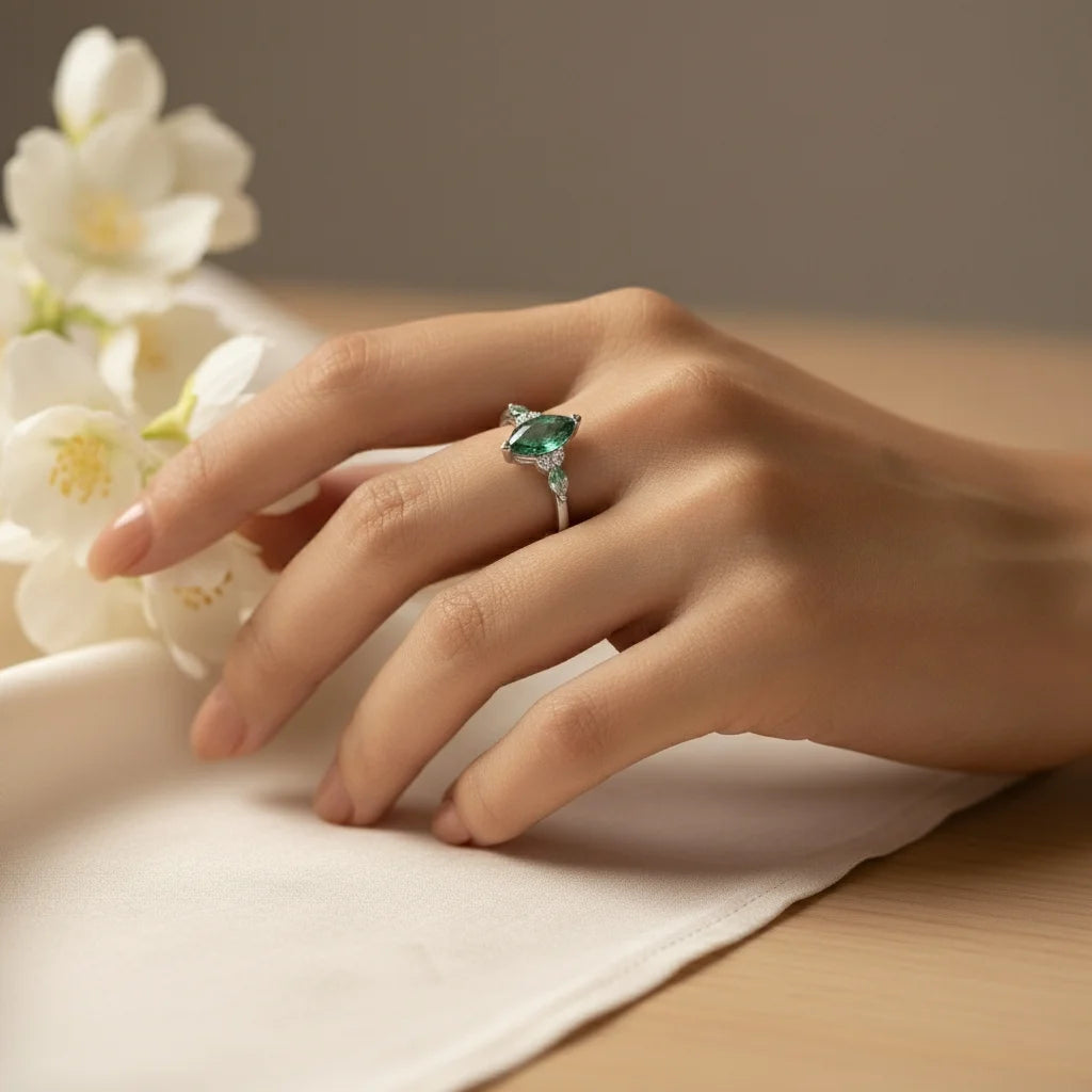 Marquise Cut Moss Agate Ring 925 Sterling Silver in White Gold Vermeil