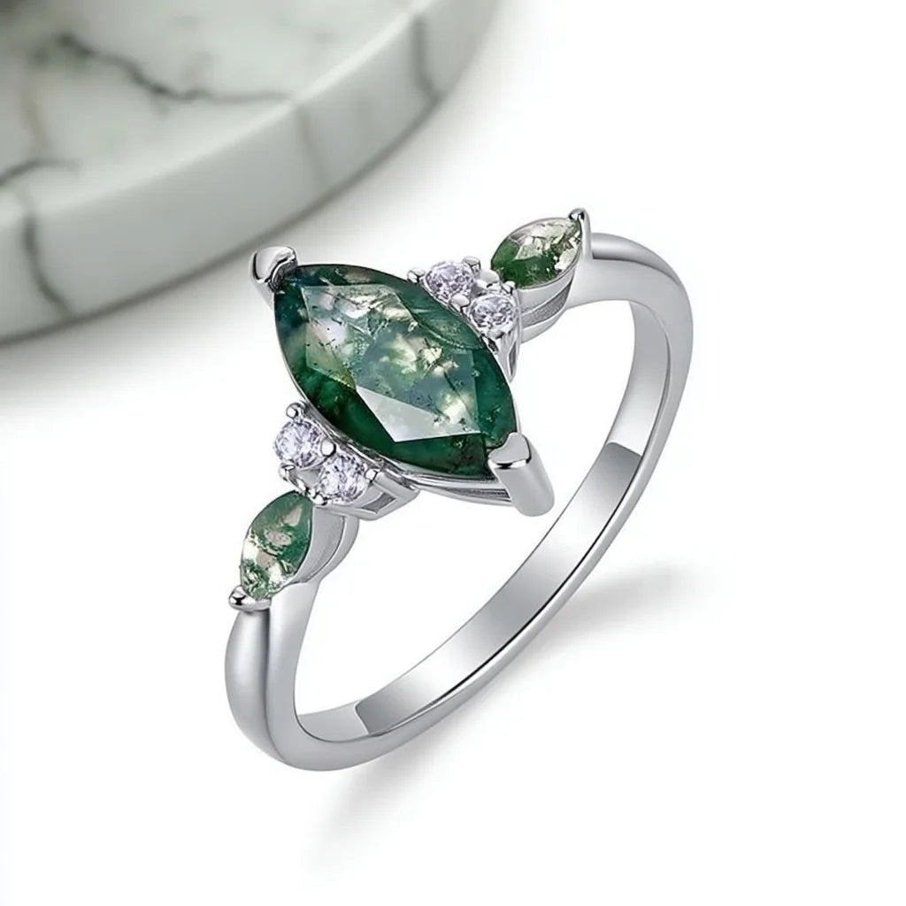 Marquise Cut Moss Agate Ring 925 Sterling Silver in White Gold Vermeil
