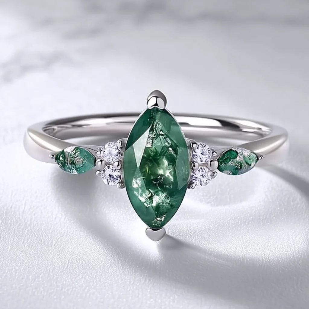 Marquise Cut Moss Agate Ring 925 Sterling Silver in White Gold Vermeil