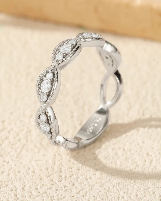 Marquise milgrain moissanite ring in 925 sterling silver, vintage stackable band