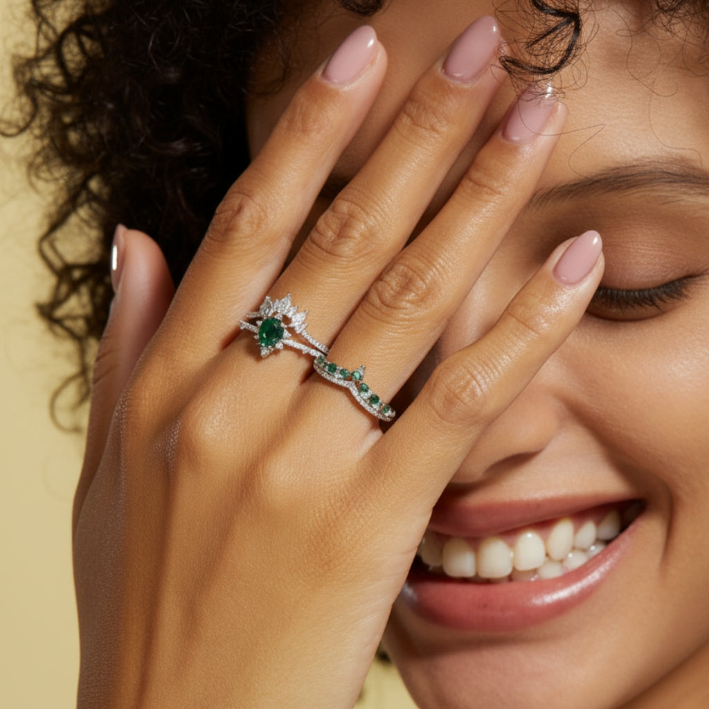 Marquise Moss Agate Crown Ring for Women - Moss Agate Wedding Band Sterling Silver