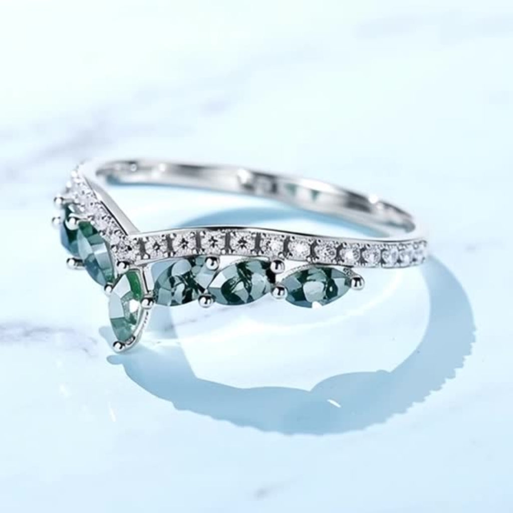 Marquise Moss Agate Crown Ring for Women - Moss Agate Wedding Band Sterling Silver