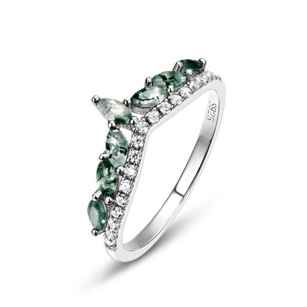 Marquise Moss Agate Crown Ring for Women - Moss Agate Wedding Band Sterling Silver