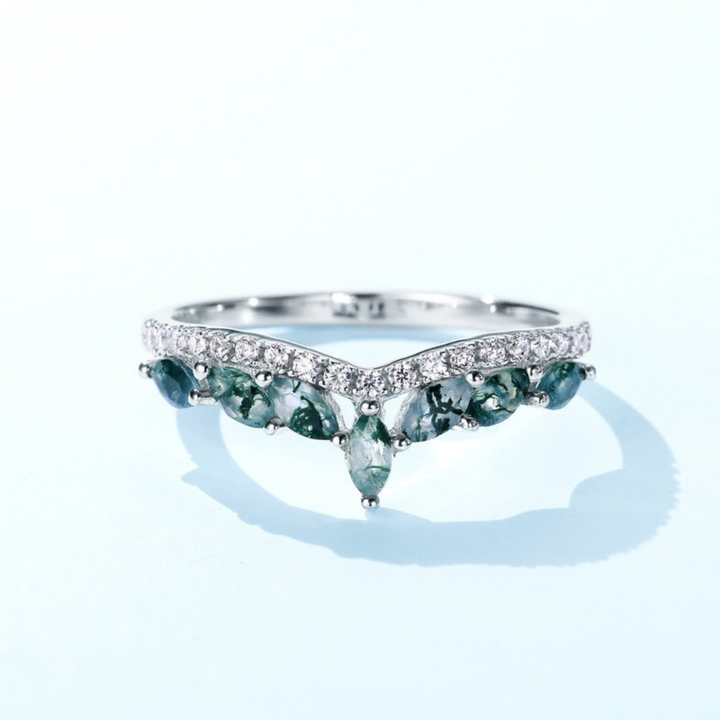 Marquise Moss Agate Crown Ring for Women - Moss Agate Wedding Band Sterling Silver