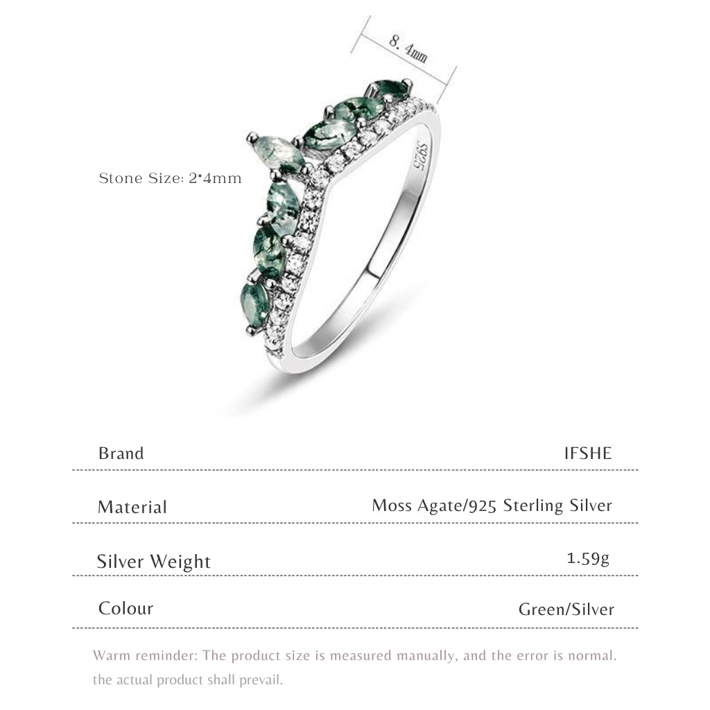 Marquise Moss Agate Crown Ring for Women - Moss Agate Wedding Band Sterling Silver