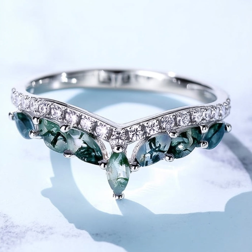 Marquise Moss Agate Crown Ring for Women - Moss Agate Wedding Band Sterling Silver