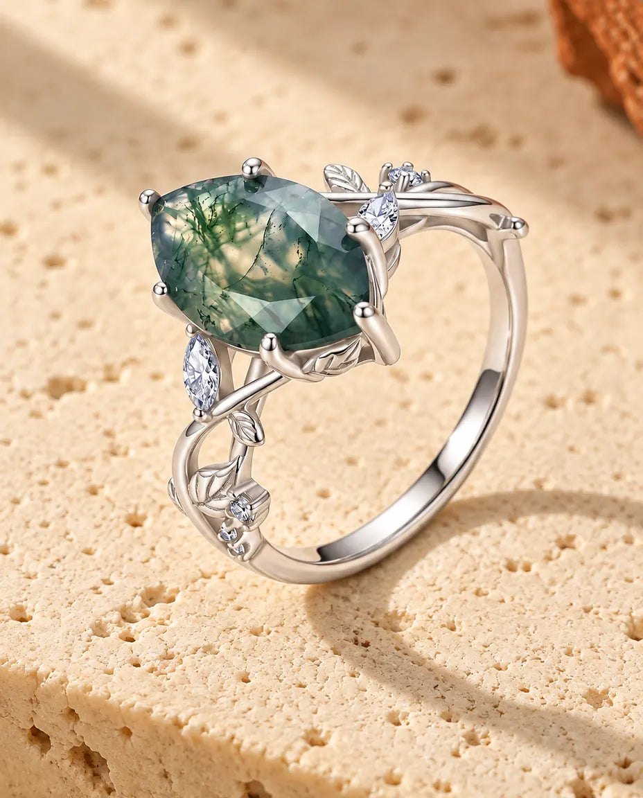 Marquise Moss Agate Ring in 925 Sterling Silver