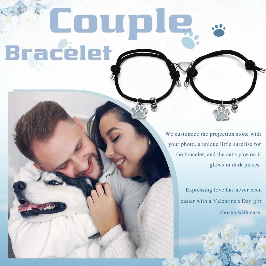 Matching Bracelets for Couples | Heart Magnetic Bracelets for Couples | Photo Projection Bracelets with Luminous Paw Charm