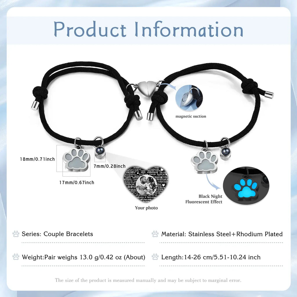 Matching Bracelets for Couples | Heart Magnetic Bracelets for Couples | Photo Projection Bracelets with Luminous Paw Charm