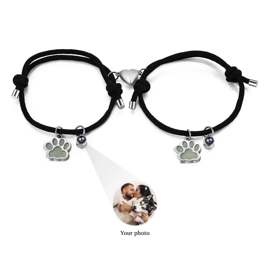 Matching Bracelets for Couples | Heart Magnetic Bracelets for Couples | Photo Projection Bracelets with Luminous Paw Charm