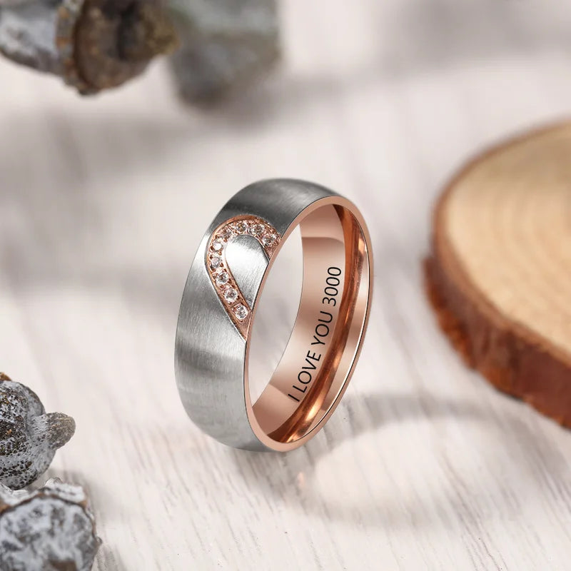 Black & Rose Gold Joining Heart Couples Rings