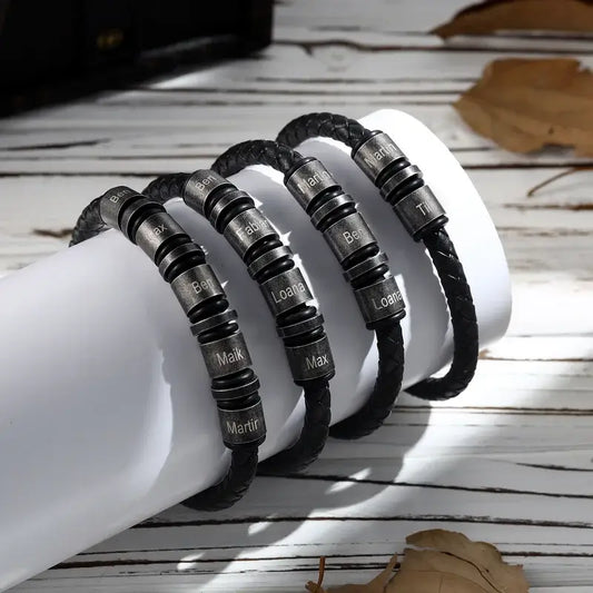 Personalised Black Leather Men's Bracelet with Engraved Stainless Steel Name Beads