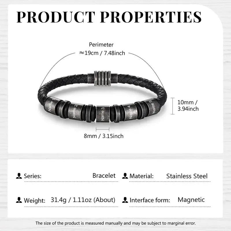 Men's Black Leather Engraved Name Beaded Personalised Bracelet