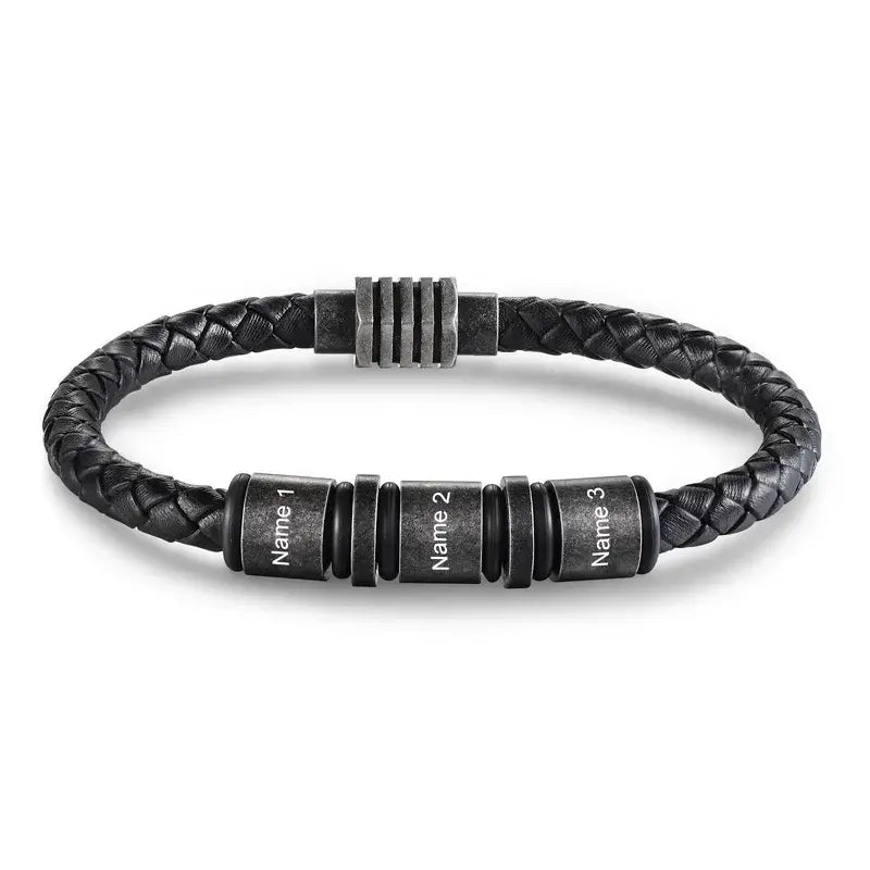 Men's Black Leather Engraved Name Beaded Personalised Bracelet