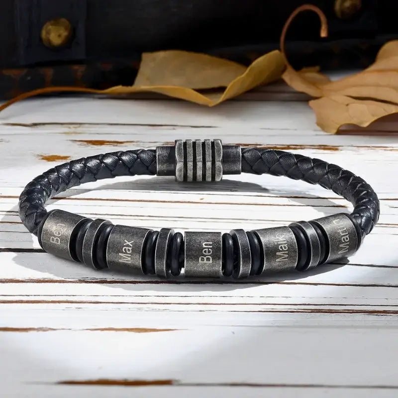 Men's Black Leather Engraved Name Beaded Personalised Bracelet