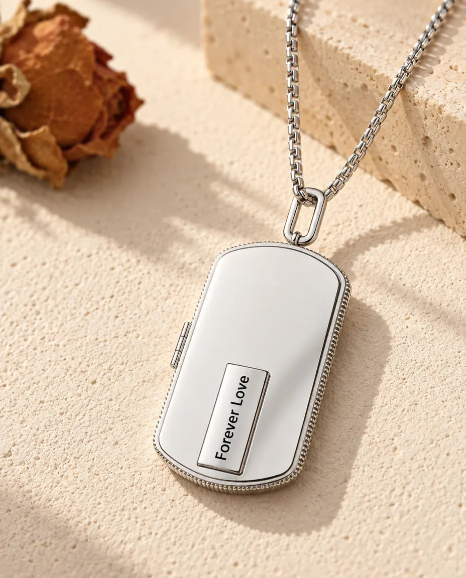 Personalised men's dog tag photo locket necklace in silver with engraved name plate reading Forever Love