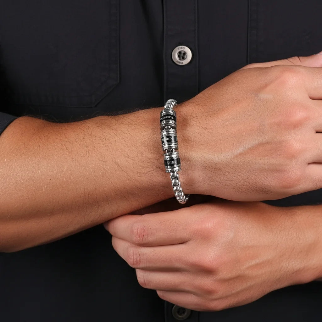 Men's Engraved Name Bracelet - Personalised Bracelet for Him - Up to 5 Name Beads