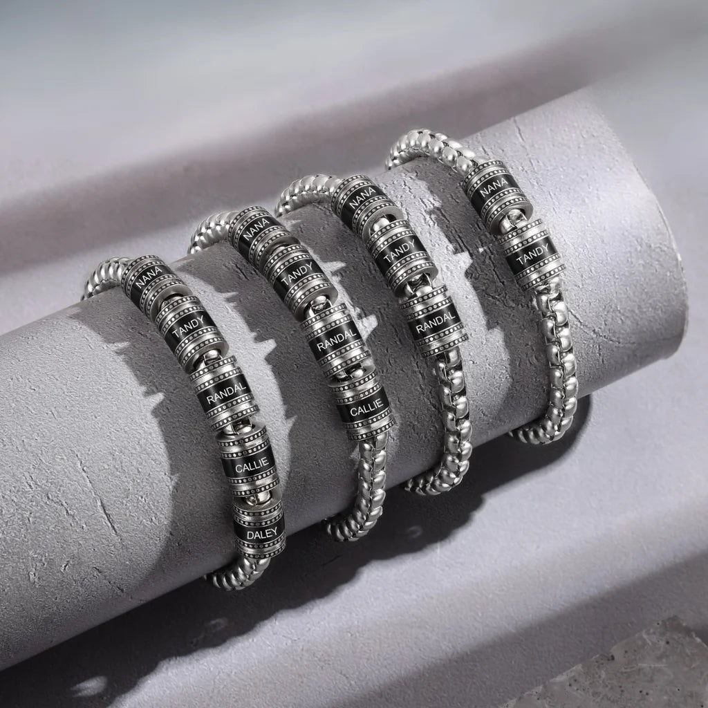 Men's Engraved Name Bracelet - Personalised Bracelet for Him - Up to 5 Name Beads