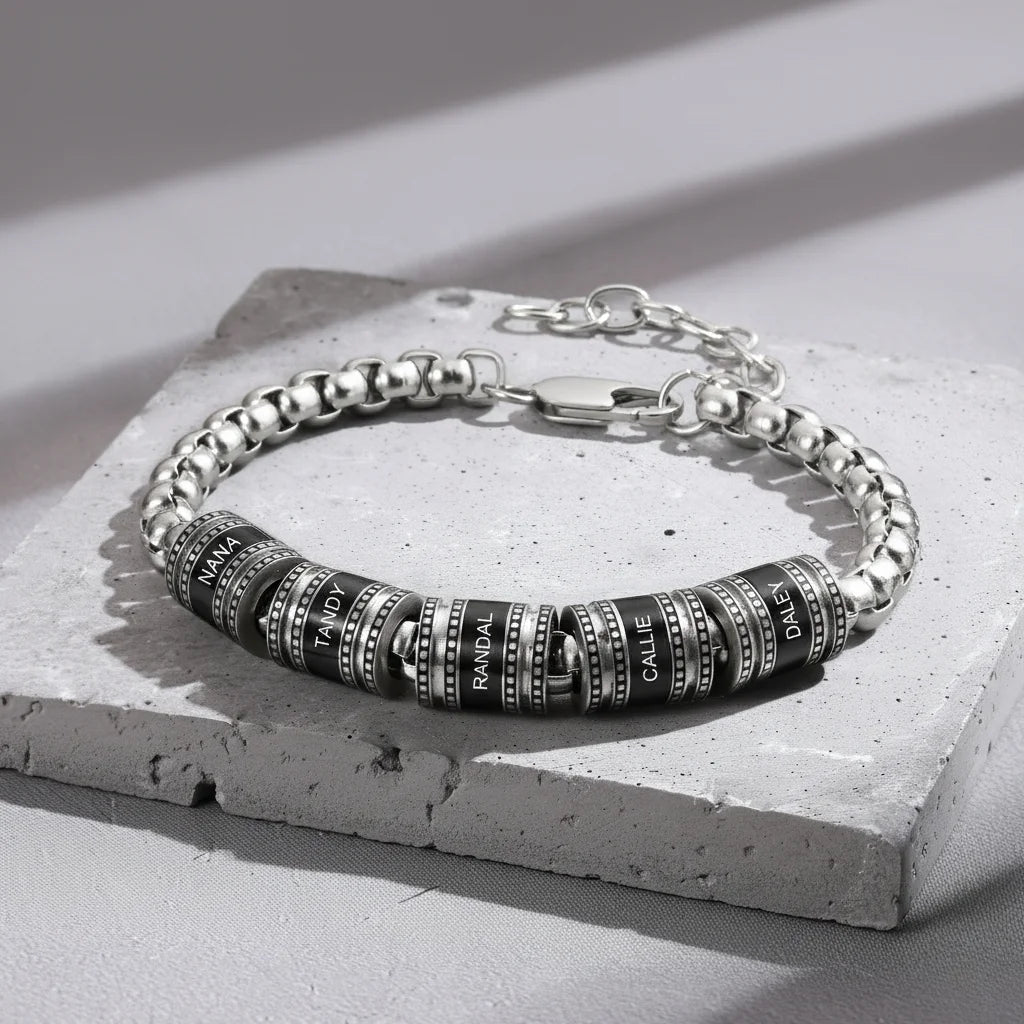 Men's Engraved Name Bracelet - Personalised Bracelet for Him - Up to 5 Name Beads