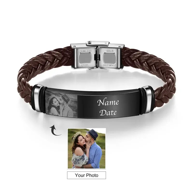 Personalised Mens Photo Bracelet | Mens Engraved Name and Date Bracelet