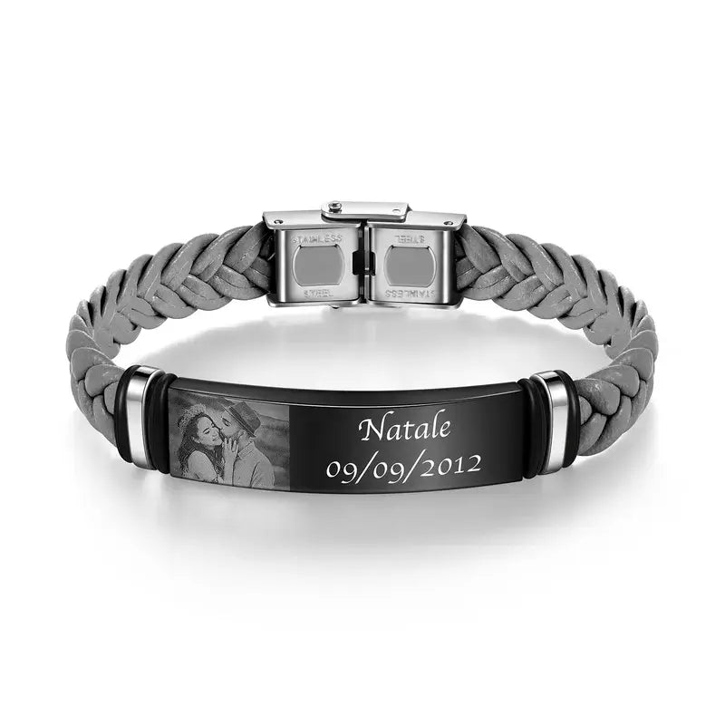 Personalised Mens Photo Bracelet | Mens Engraved Name and Date Bracelet