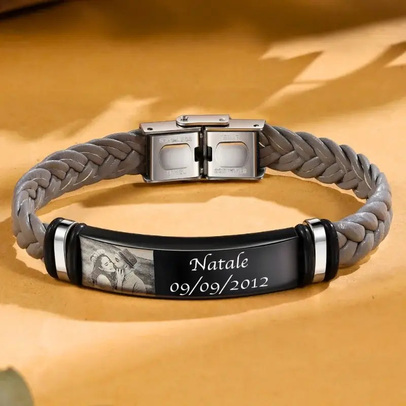 Personalised Men's Photo Bracelet Engraved Men's Name and Date - Main Image