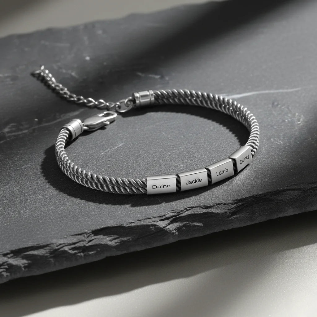 Men's Engraved Stainless Steel Rope Bracelet with Personalised Names