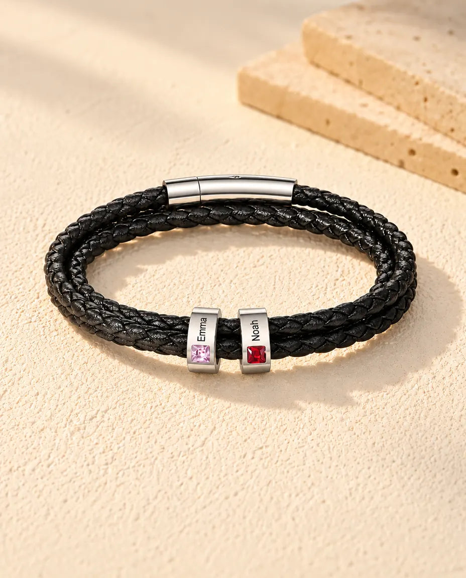 Men's Faux Leather Bracelet - version with 2 names and birthstones