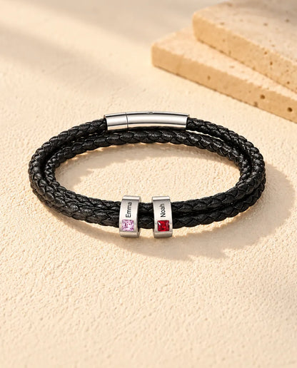 Men's Faux Leather Bracelet - version with 2 names and birthstones
