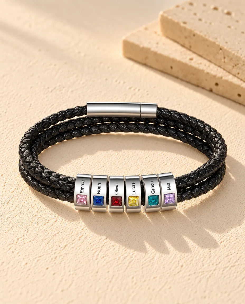 Men's Faux Leather Bracelet - version with 6 names and birthstones
