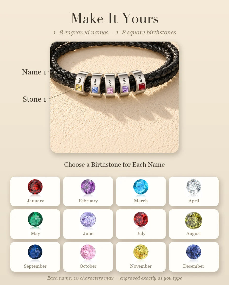 Men's Faux Leather Bracelet - personalisation guide: names and birthstones