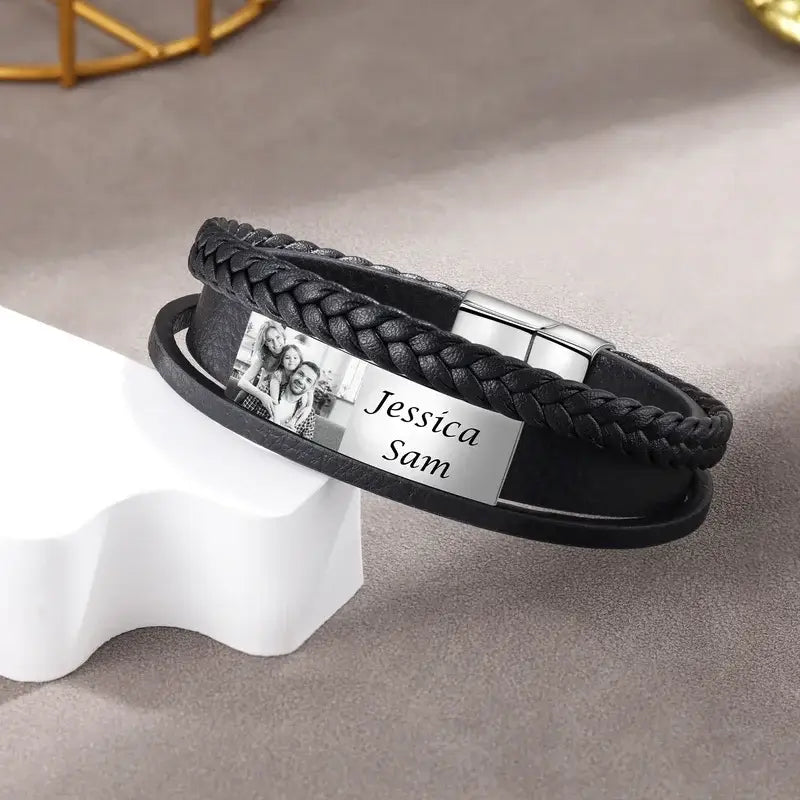 Mens Leather Bracelet with Photo - Mens Engraved Names Bracelet