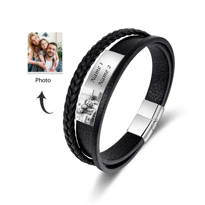 Mens Leather Bracelet with Photo - Mens Engraved Names Bracelet