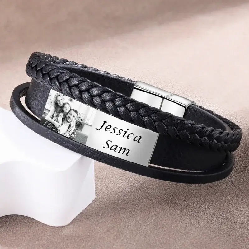 Mens Leather Bracelet with Photo - Mens Engraved Names Bracelet
