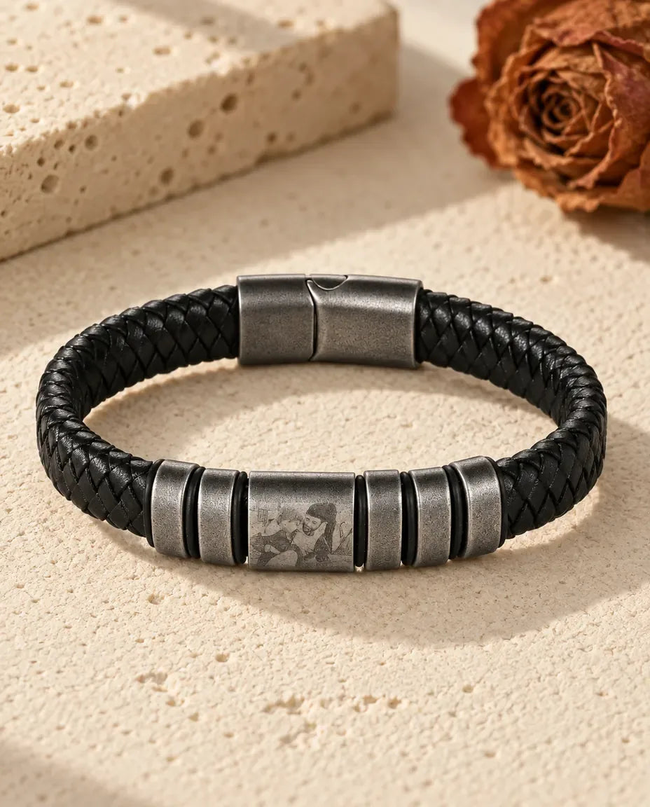Personalised Photo Projection Leather Bracelet for Men - laid flat
