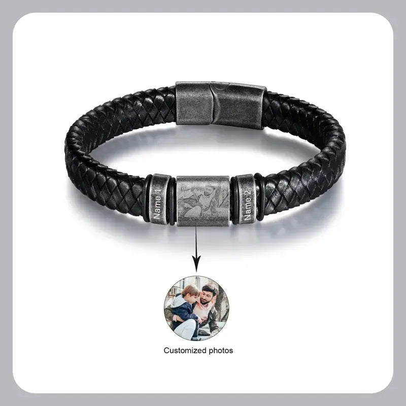 Men's Leather Engraved Name Beaded Personalised Bracelet